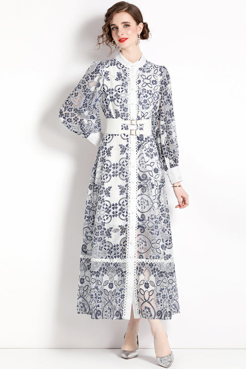 Runway Fashion Elegant Long Lace Dress, Stand Collar, Long Lantern Sleeve, Belted Office, Party, Festive, Wedding Guest Dress