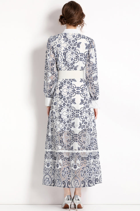 Runway Fashion Elegant Long Lace Dress, Stand Collar, Long Lantern Sleeve, Belted Office, Party, Festive, Wedding Guest Dress