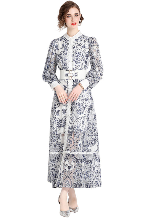 Runway Fashion Elegant Long Lace Dress, Stand Collar, Long Lantern Sleeve, Belted Office, Party, Festive, Wedding Guest Dress