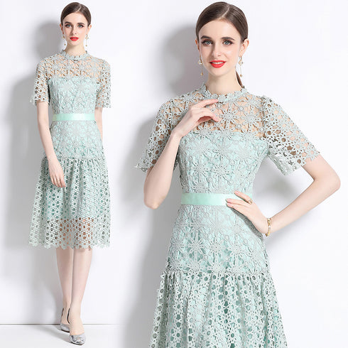 Knockout Runway Fashion Exquisite Crochet Hollow Out Lace O-Neck, A-Line Party, Prom, Wedding Guest Midi Dress