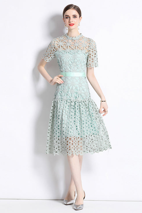 Knockout Runway Fashion Exquisite Crochet Hollow Out Lace O-Neck, A-Line Party, Prom, Wedding Guest Midi Dress