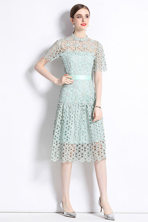 Knockout Runway Fashion Exquisite Crochet Hollow Out Lace O-Neck, A-Line Party, Prom, Wedding Guest Midi Dress