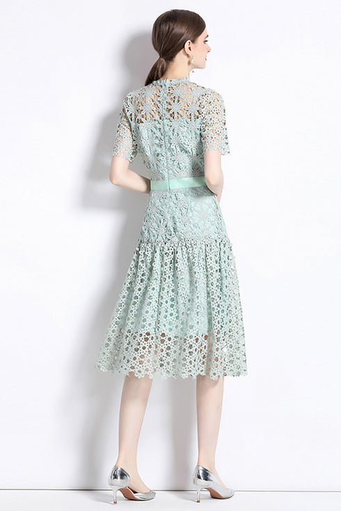 Knockout Runway Fashion Exquisite Crochet Hollow Out Lace O-Neck, A-Line Party, Prom, Wedding Guest Midi Dress