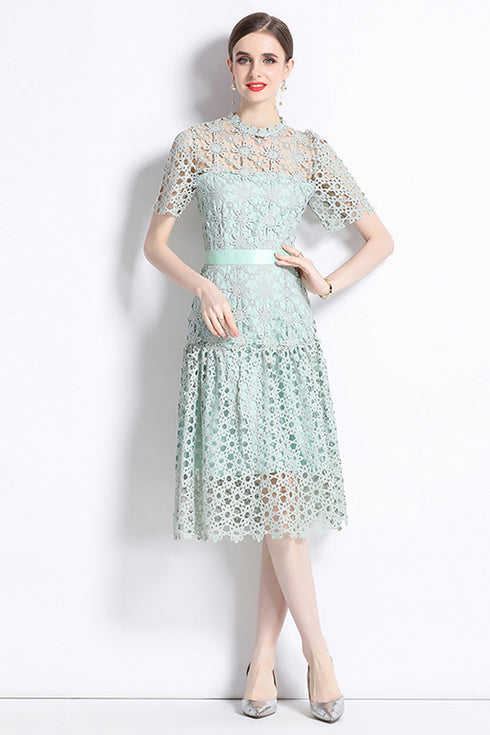 Knockout Runway Fashion Exquisite Crochet Hollow Out Lace O-Neck, A-Line Party, Prom, Wedding Guest Midi Dress