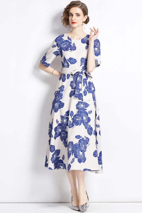 Elegant & Stylish Floral Print, Short Sleeve, Belted, A-Line Flared Enticing Vintage Daywear & Evening Vestidos