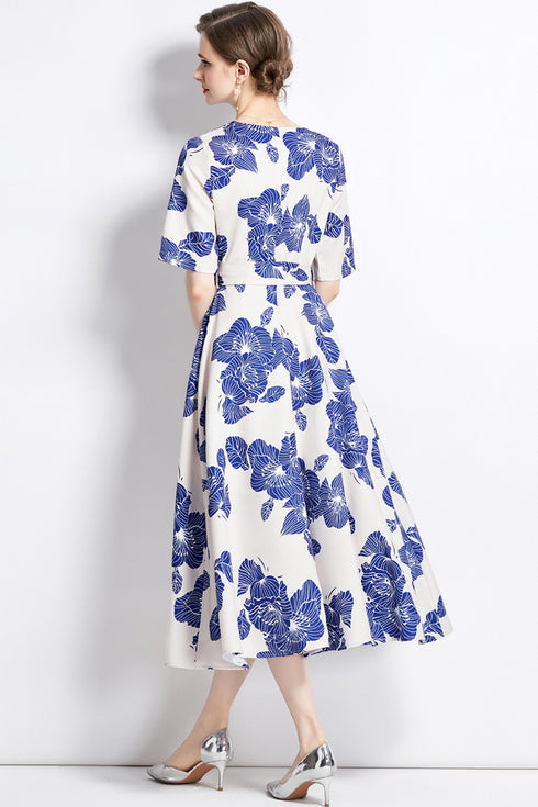 Elegant & Stylish Floral Print, Short Sleeve, Belted, A-Line Flared Enticing Vintage Daywear & Evening Vestidos