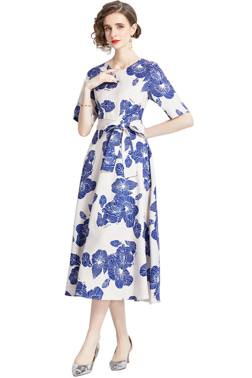 Elegant & Stylish Floral Print, Short Sleeve, Belted, A-Line Flared Enticing Vintage Daywear & Evening Vestidos