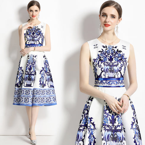 Runway Fashion Radiant Porcelain Print, High Waist, O-Neck, A-Line Designer Party, Prom Women Midi Dress