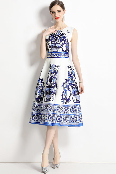 Runway Fashion Radiant Porcelain Print, High Waist, O-Neck, A-Line Designer Party, Prom Women Midi Dress