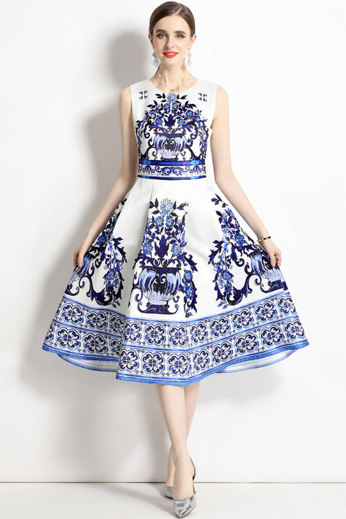 Runway Fashion Radiant Porcelain Print, High Waist, O-Neck, A-Line Designer Party, Prom Women Midi Dress
