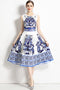 Runway Fashion Radiant Porcelain Print, High Waist, O-Neck, A-Line Designer Party, Prom Women Midi Dress