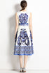 Runway Fashion Radiant Porcelain Print, High Waist, O-Neck, A-Line Designer Party, Prom Women Midi Dress