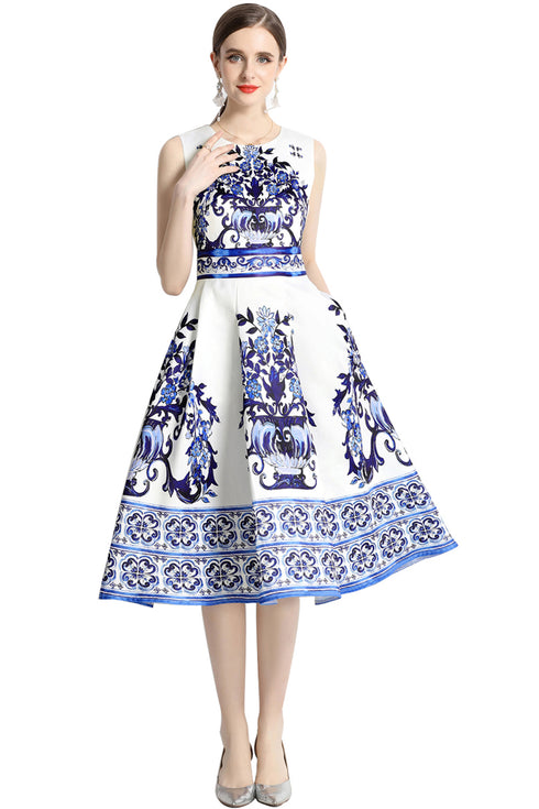 Runway Fashion Radiant Porcelain Print, High Waist, O-Neck, A-Line Designer Party, Prom Women Midi Dress