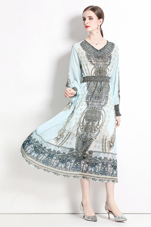 Vintage Fashion French Style V-Neck, Lantern Long Sleeve, Elegant Printed, Elastic Waist Party, Cocktail, Wedding Guest Women's Dress