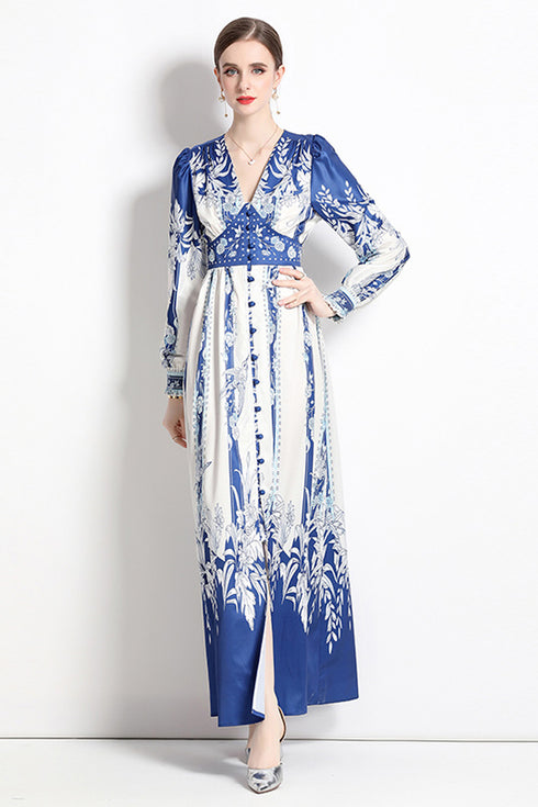 Graceful Autumn V-Neck, Long Sleeve, High Waist Elegant Vintage Party, Wedding Guest, Festive Maxi Dress