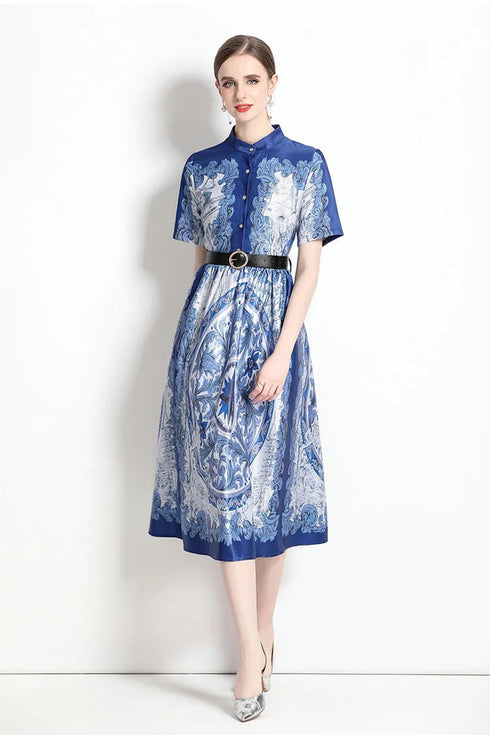Radiant Electric Designer Silk Stand Collar, Belted Midi Shirt dress, Luxury Party, Cocktail Evening Women Vestidos