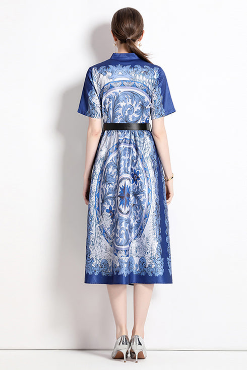 Radiant Electric Designer Silk Stand Collar, Belted Midi Shirt dress, Luxury Party, Cocktail Evening Women Vestidos