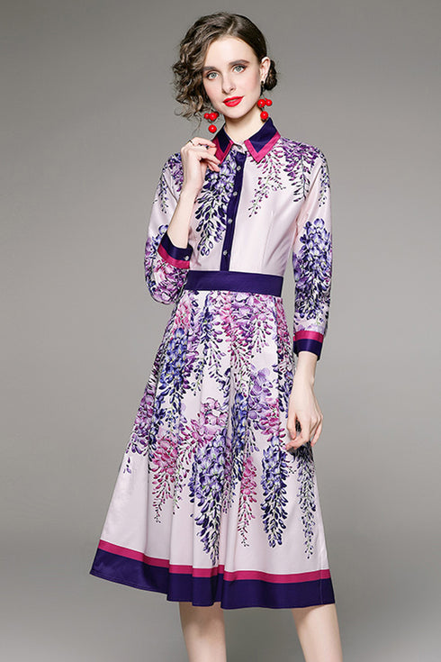 Enthralling Runway Fashion Floral Print, Collared, Elegant A-Line Vintage Party, Festive Women's Midi Dress