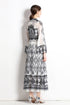 Vintage Ethnic Black Paisley Pattern, Stand-Up Collar, Long Flare Sleeve Dress