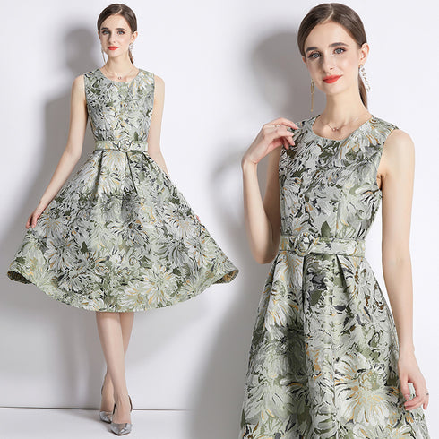 Breathtakingly Beautiful Designer Women's Floral Jacquard Belted Cocktail, Party, Wedding Guest Prom Quinceanera Dress