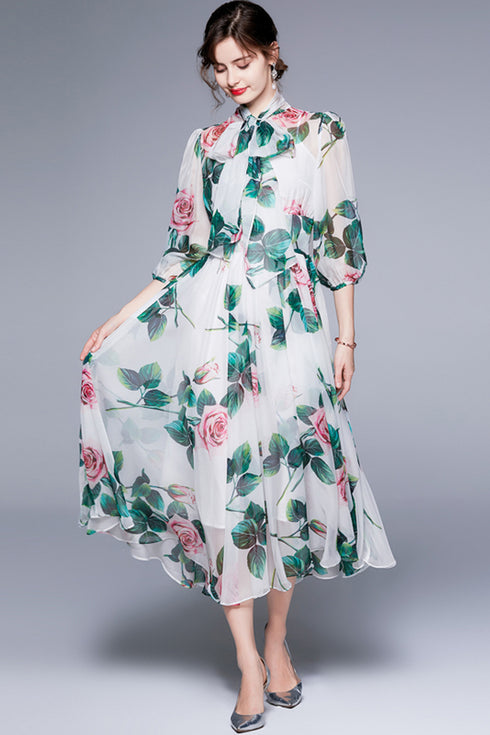 Runway Fashion Boho Chiffon Dress Bow-Neck, Lantern Sleeve, Floral Print Holiday, Cocktail, Party Women's Dress