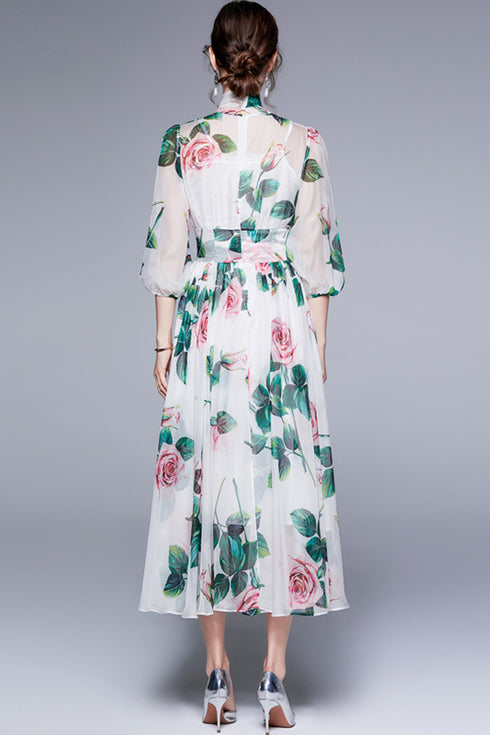 Runway Fashion Boho Chiffon Dress Bow-Neck, Lantern Sleeve, Floral Print Holiday, Cocktail, Party Women's Dress