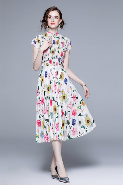 Alluring & Fresh Autumn Multicolor Floral Stretchable 2-Pcs Set, Mock Neck Top + Pleated Long Skirt, Casual and Formal Women Dress