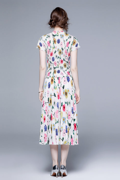 Alluring & Fresh Autumn Multicolor Floral Stretchable 2-Pcs Set, Mock Neck Top + Pleated Long Skirt, Casual and Formal Women Dress