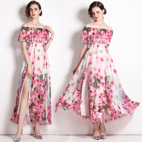 Designer Alluring Floral Print, Off-Shoulder, Ruffled Slash Neck, High Waist Bohemian Split Chiffon Cocktail, Party, Wedding Guest Long Maxi Dress