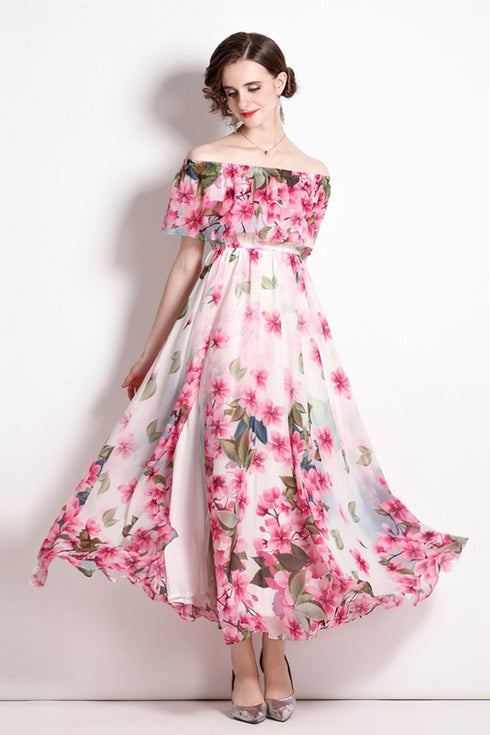 Designer Alluring Floral Print, Off-Shoulder, Ruffled Slash Neck, High Waist Bohemian Split Chiffon Cocktail, Party, Wedding Guest Long Maxi Dress
