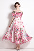 Designer Alluring Floral Print, Off-Shoulder, Ruffled Slash Neck, High Waist Bohemian Split Chiffon Cocktail, Party, Wedding Guest Long Maxi Dress