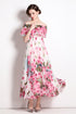 Designer Alluring Floral Print, Off-Shoulder, Ruffled Slash Neck, High Waist Bohemian Split Chiffon Cocktail, Party, Wedding Guest Long Maxi Dress