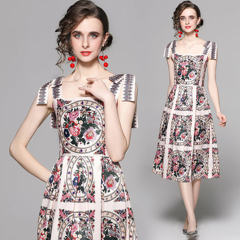 French Style Runway Fashion Alluring Floral Print Renaissance Party, Cocktail, Holiday's Spaghetti Strap Midi Dress