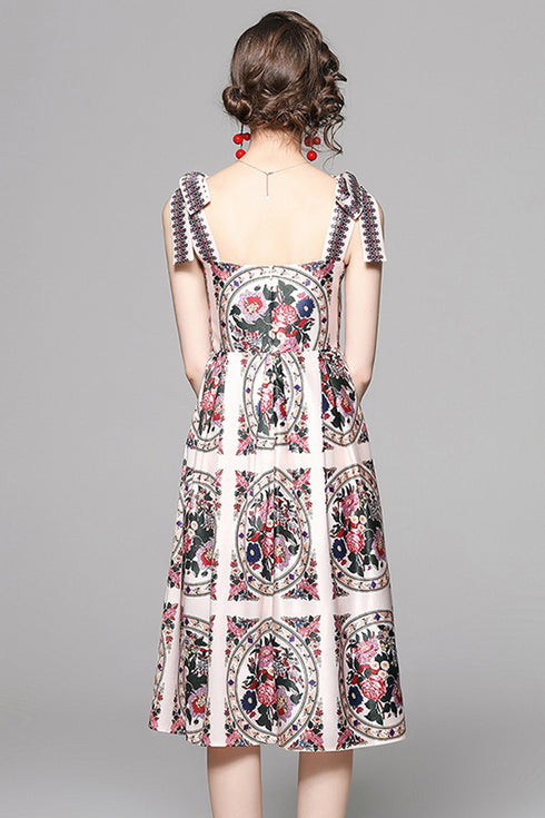 French Style Runway Fashion Alluring Floral Print Renaissance Party, Cocktail, Holiday's Spaghetti Strap Midi Dress