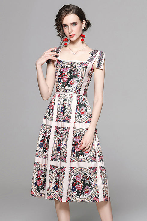 French Style Runway Fashion Alluring Floral Print Renaissance Party, Cocktail, Holiday's Spaghetti Strap Midi Dress