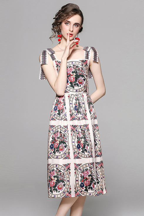 French Style Runway Fashion Alluring Floral Print Renaissance Party, Cocktail, Holiday's Spaghetti Strap Midi Dress