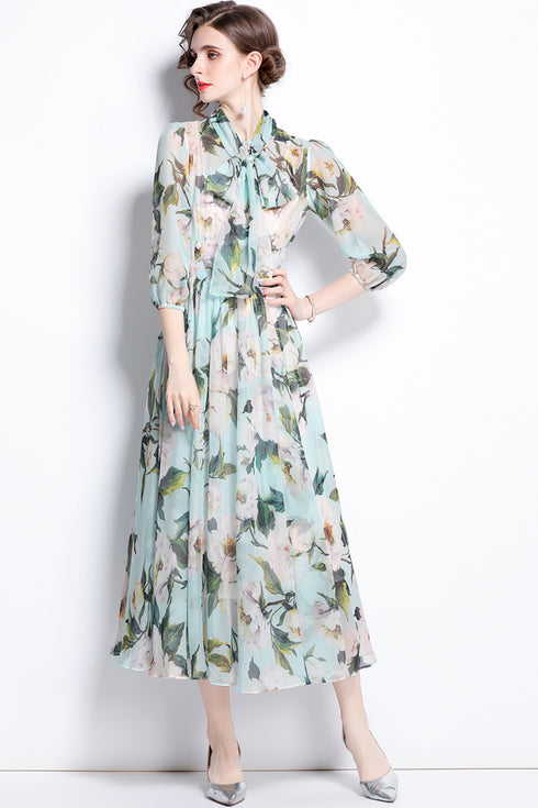Runway Fashion Enchanting Chiffon Floral Print, Bow Neck Gorgeous Flowy Party, Cocktail, Wedding Guest Maxi Dress