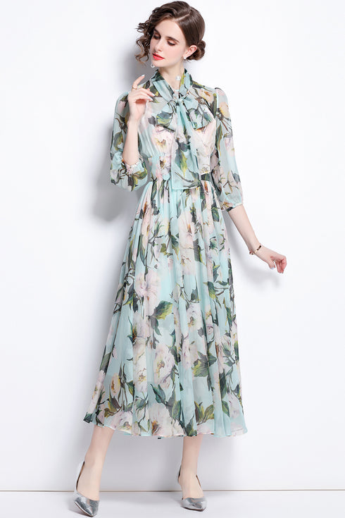 Runway Fashion Enchanting Chiffon Floral Print, Bow Neck Gorgeous Flowy Party, Cocktail, Wedding Guest Maxi Dress
