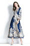 Vibrant & Elegant Women's Wrap V-Neck Long Puff Sleeve Floral Long Modest Maxi Holiday, Party Evening Dress - Blue