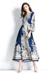 Vibrant & Elegant Women's Wrap V-Neck Long Puff Sleeve Floral Long Modest Maxi Holiday, Party Evening Dress - Blue