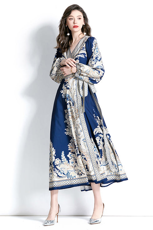 Vibrant & Elegant Women's Wrap V-Neck Long Puff Sleeve Floral Long Modest Maxi Holiday, Party Evening Dress - Blue