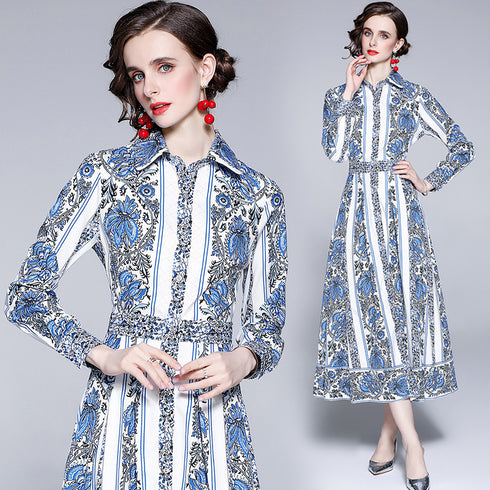 Classic & Enthralling Vintage Floral Print Collared, Long Sleeve, A-Line, Day and Evening Wear, Office & Party Dress