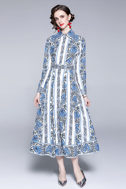 Classic & Enthralling Vintage Floral Print Collared, Long Sleeve, A-Line, Day and Evening Wear, Office & Party Dress