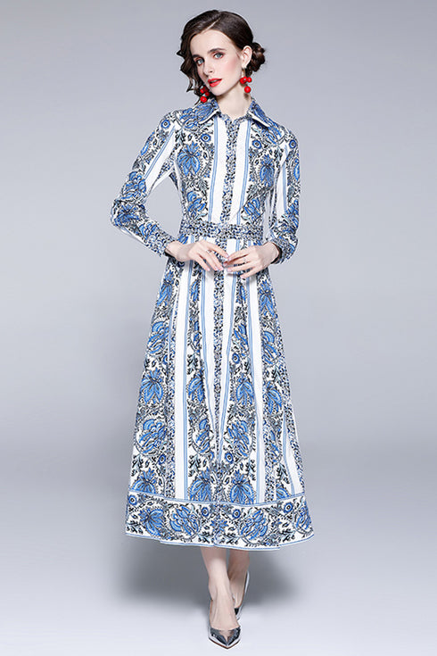 Classic & Enthralling Vintage Floral Print Collared, Long Sleeve, A-Line, Day and Evening Wear, Office & Party Dress