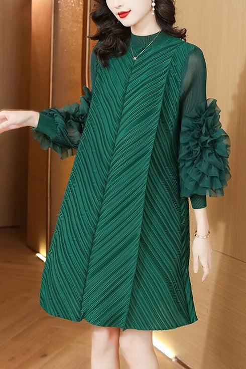 Runway Fashion Drop-Dead Gorgeous Petal Ruffled Sleeve, Mock Neck, Pleated Party, Festive Vintage Women's Dress