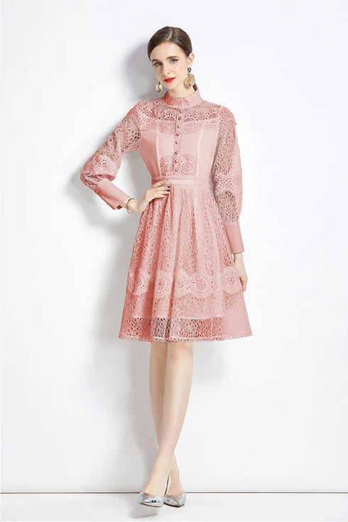 French Style Babelicious Pink Exquisite Crochet Lace, Stand Collar, Long Sleeve Cocktail, Party, Wedding Guest, Prom Dress