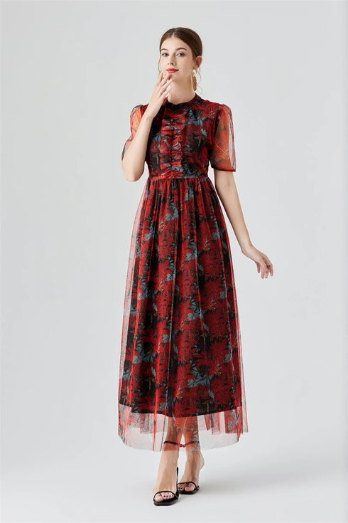 Retro Floral Print Mesh Sheer Elegant Short Sleeve Ruffled Cocktail, Party, Wedding Guest Vestidos Dress