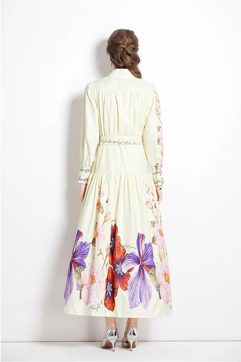 Runway Fashion Autumn Floral Print Mock Neck, Long Lantern Sleeve, Belted, Ruffled Cocktail, Party, Festive Long Maxi Dress