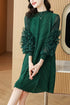 Runway Fashion Drop-Dead Gorgeous Petal Ruffled Sleeve, Mock Neck, Pleated Party, Festive Vintage Women's Dress