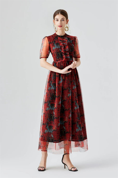 Retro Floral Print Mesh Sheer Elegant Short Sleeve Ruffled Cocktail, Party, Wedding Guest Vestidos Dress